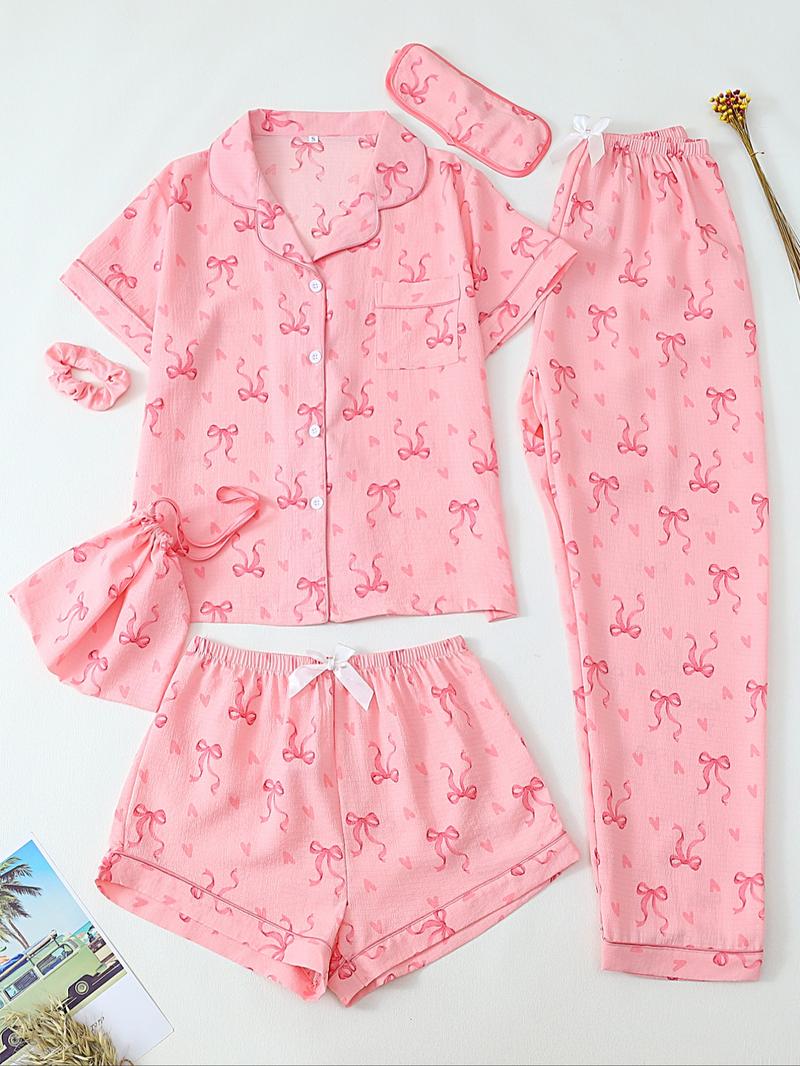 Women's All Over Print Top & Shorts & Pants & Accessories Pyjama Set, Casual Comfy Pj Set, Ladies Sleepwear for All Seasons Women's All Over Print Top & Shorts & Pants & Accessories Pyjama Set, Casual Comfy Pj Set, Ladies Sleepwear for All Seasons