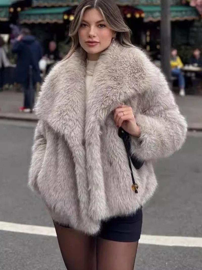 Women's Solid Color Faux Fur Fuzzy Jacket, Casual Long Sleeve Collared Fuzzy Coat for Fall & Winter, Women's Clothing for Daily Wear, Cute Tops Women's Solid Color Faux Fur Fuzzy Jacket, Casual Long Sleeve Collared Fuzzy Coat for Fall & Winter, Women's Clothing for Daily Wear, Cute Tops