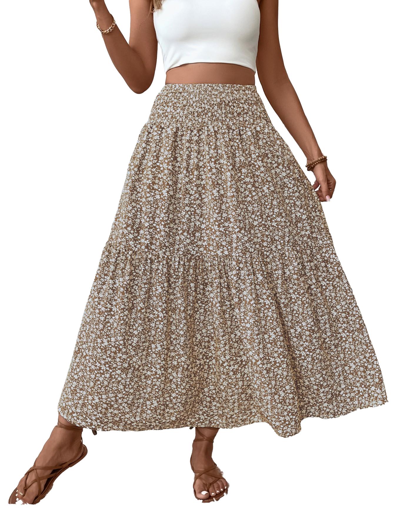 Women's Ditsy Floral Vintage Casual Vacation Layered A-Line Skirt, Elegant Long Skirt for Spring & Fall, All over Print Fitted Style Women's Ditsy Floral Vintage Casual Vacation Layered A-Line Skirt, Elegant Long Skirt for Spring & Fall, All over Print Fitted Style