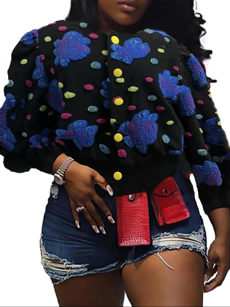 【Plus Size】 Floral Print Button Front Crop Jacket, Casual Long Sleeve Open Front Outerwear for Fall & Winter, Coat, Women's Clothes for Daily Wear, Clothing, Womenswear 【Plus Size】 Floral Print Button Front Crop Jacket, Casual Long Sleeve Open Front Outerwear for Fall & Winter, Coat, Women's Clothes for Daily Wear, Clothing, Womenswear