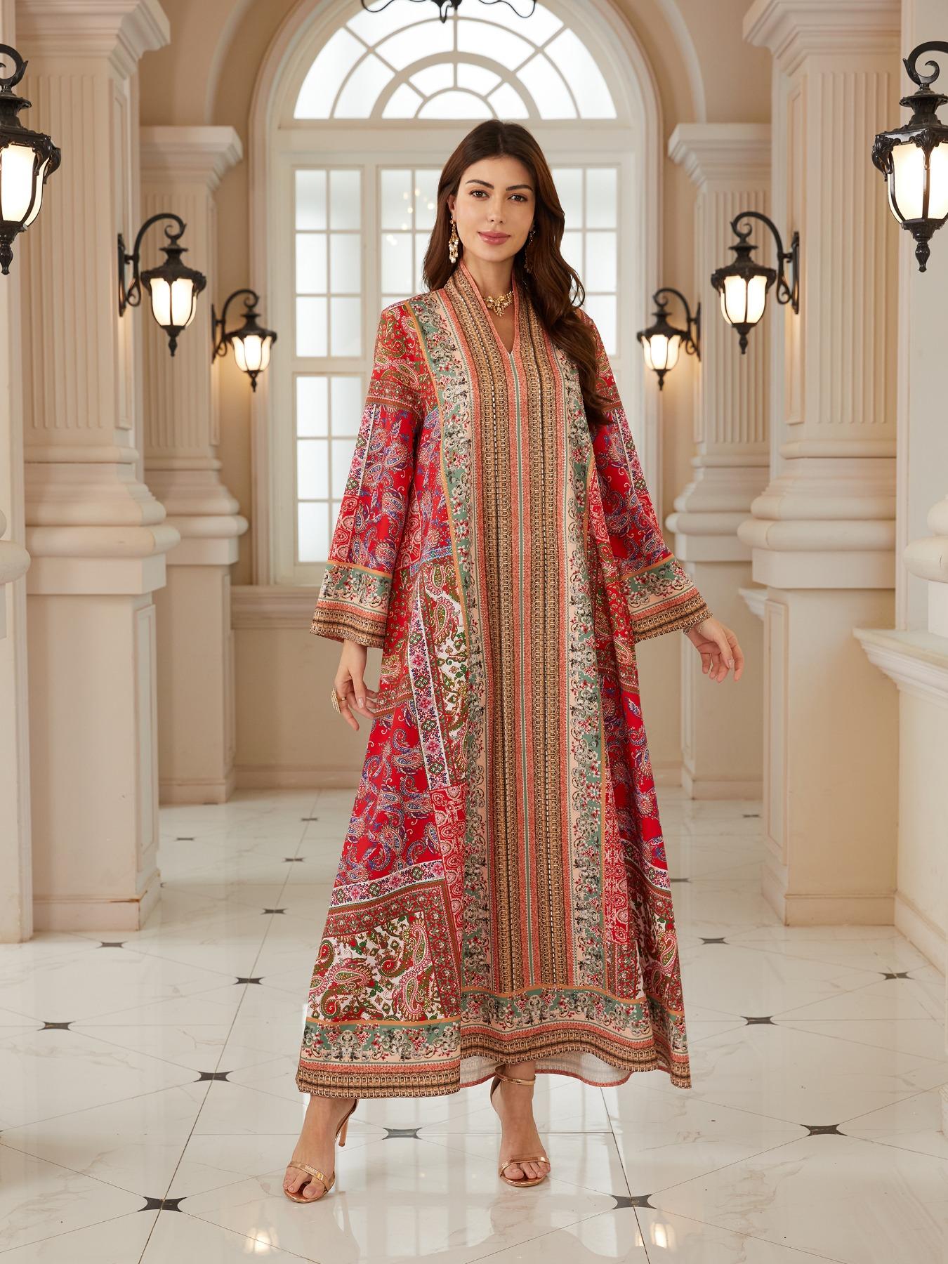 Bohemian Print Beaded Kaftan Dress, Long Evening Abaya Style Jalabiya, New Middle Eastern Women Fashion, Elegant Party Wear, Ethnic Print Kaftan Bohemian Print Beaded Kaftan Dress, Long Evening Abaya Style Jalabiya, New Middle Eastern Women Fashion, Elegant Party Wear, Ethnic Print Kaftan