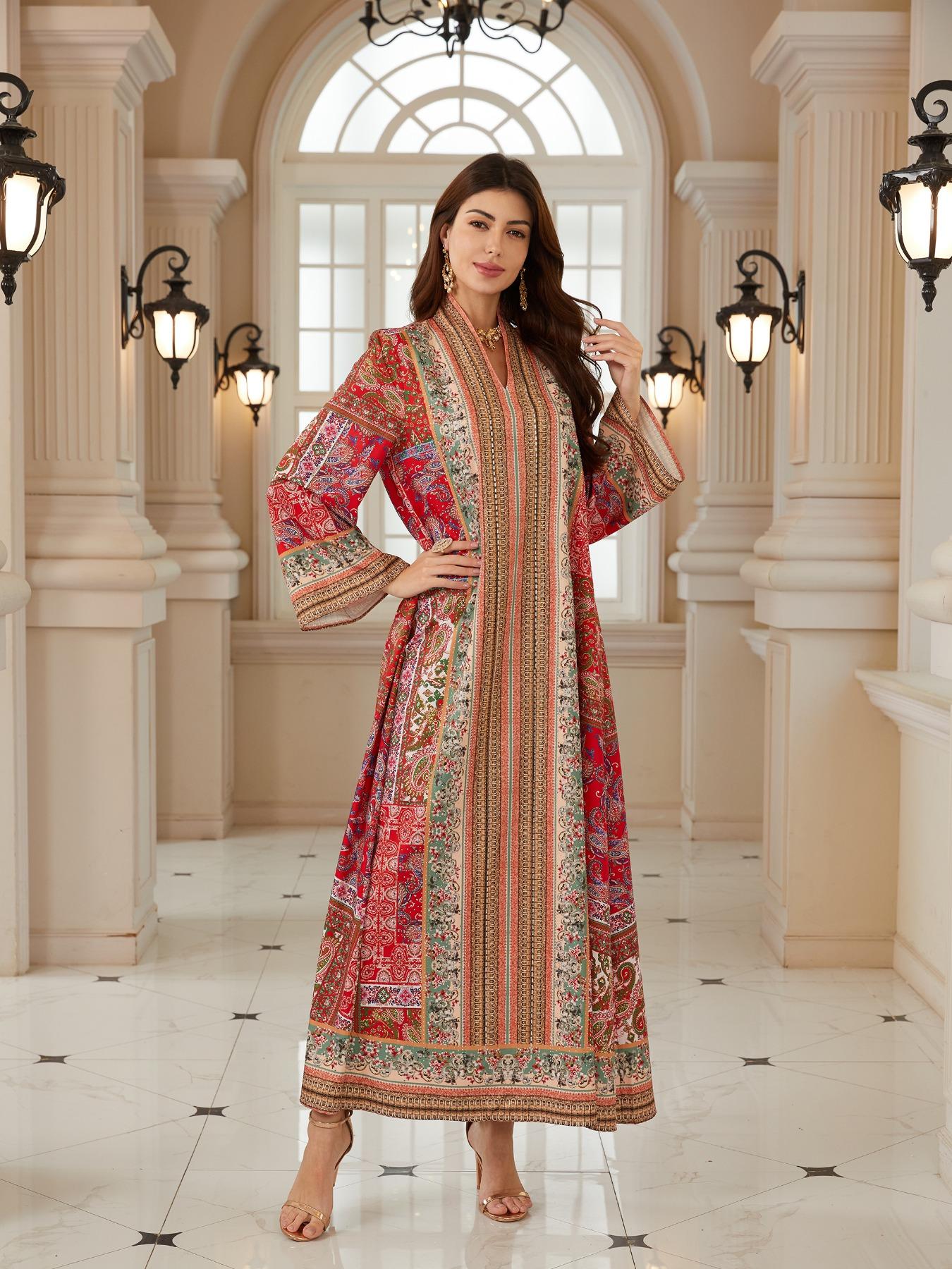 Bohemian Print Beaded Kaftan Dress, Long Evening Abaya Style Jalabiya, New Middle Eastern Women Fashion, Elegant Party Wear, Ethnic Print Kaftan Bohemian Print Beaded Kaftan Dress, Long Evening Abaya Style Jalabiya, New Middle Eastern Women Fashion, Elegant Party Wear, Ethnic Print Kaftan