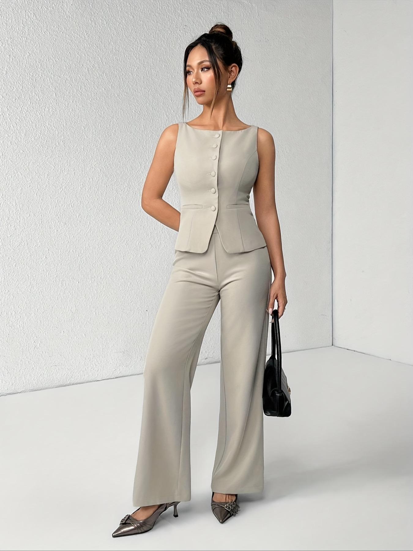 Women's Solid Button Front Sleeveless Tank Top & Wide Leg Pants Set, Casual Elegant Chic Minimalist Fashion Two-piece Set for Summer, Women's Clothing for Daily Wear, Suits, Office Siren Outfits, Casual Matching Set, Corporate Outfits Women Women's Solid Button Front Sleeveless Tank Top & Wide Leg Pants Set, Casual Elegant Chic Minimalist Fashion Two-piece Set for Summer, Women's Clothing for Daily Wear, Suits, Office Siren Outfits, Casual Matching Set, Corporate Outfits Women