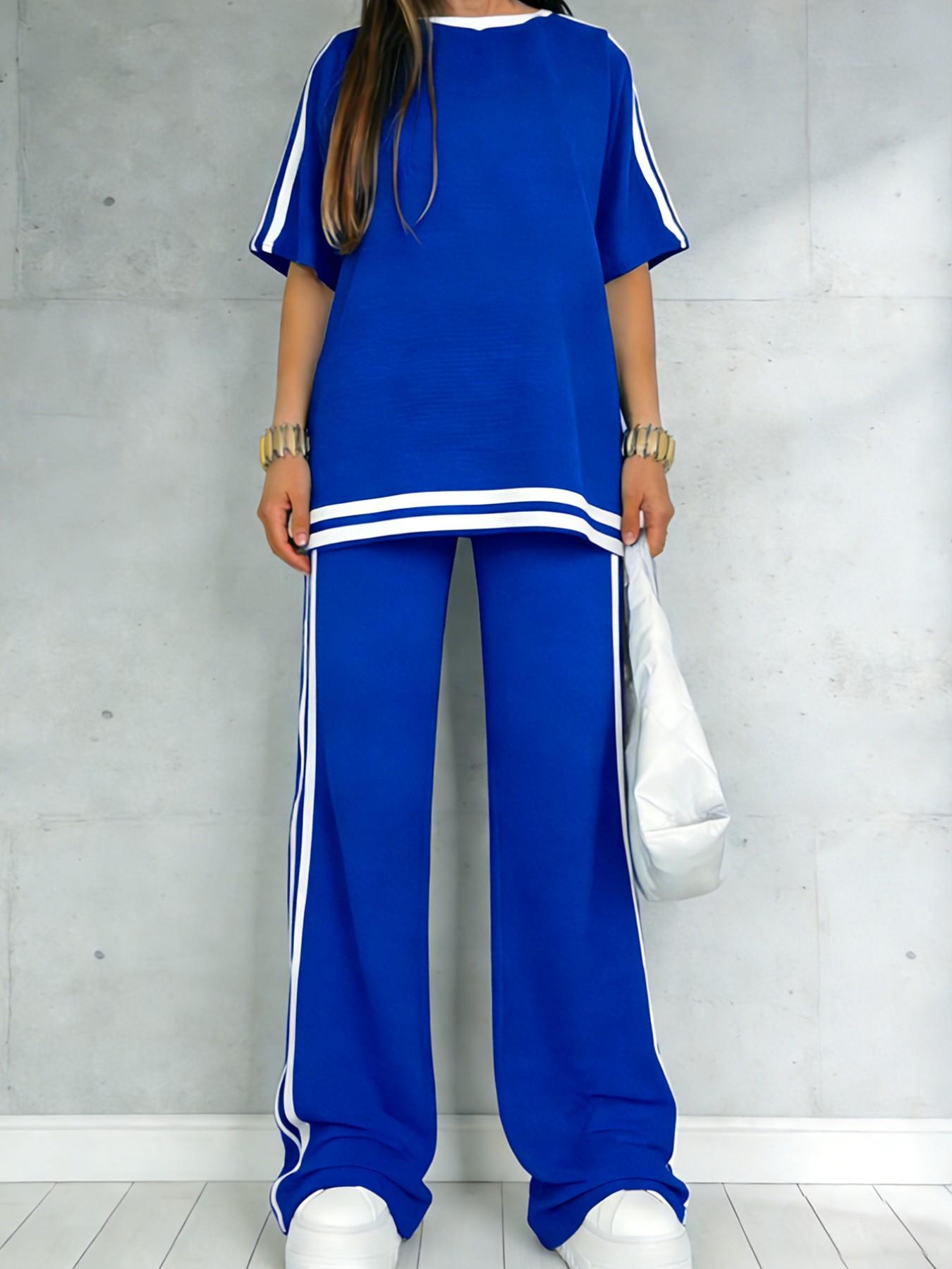 Women's Casual Athleisure Sportswear Set, Solid Color Round-Neck Short-Sleeve Split-Hem Top and Striped Long Pants, Spring/Summer Two-Piece Set