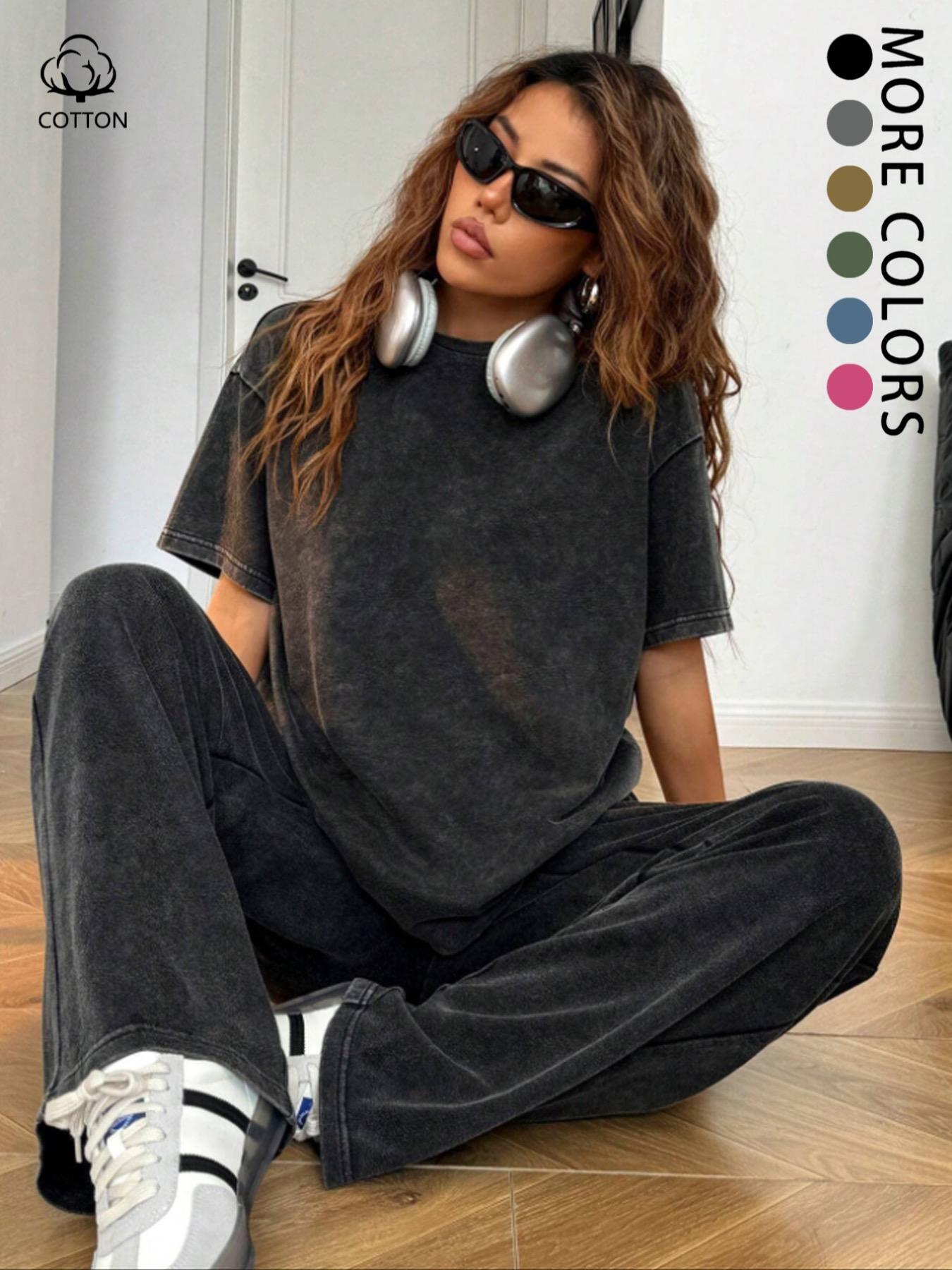 Women's Casual Loose Fit Acid Washed Cotton Short Sleeve T-Shirt and Long Pants Two-Piece Set, All Seasons, Plain Style Women's Casual Loose Fit Acid Washed Cotton Short Sleeve T-Shirt and Long Pants Two-Piece Set, All Seasons, Plain Style