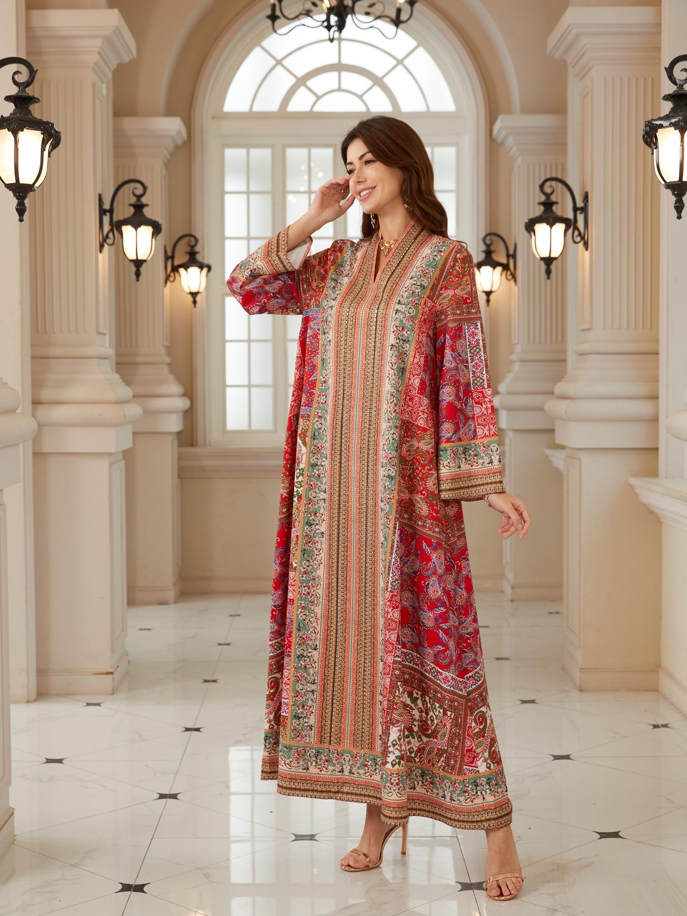 Bohemian Print Beaded Kaftan Dress, Long Evening Abaya Style Jalabiya, New Middle Eastern Women Fashion, Elegant Party Wear, Ethnic Print Kaftan Bohemian Print Beaded Kaftan Dress, Long Evening Abaya Style Jalabiya, New Middle Eastern Women Fashion, Elegant Party Wear, Ethnic Print Kaftan