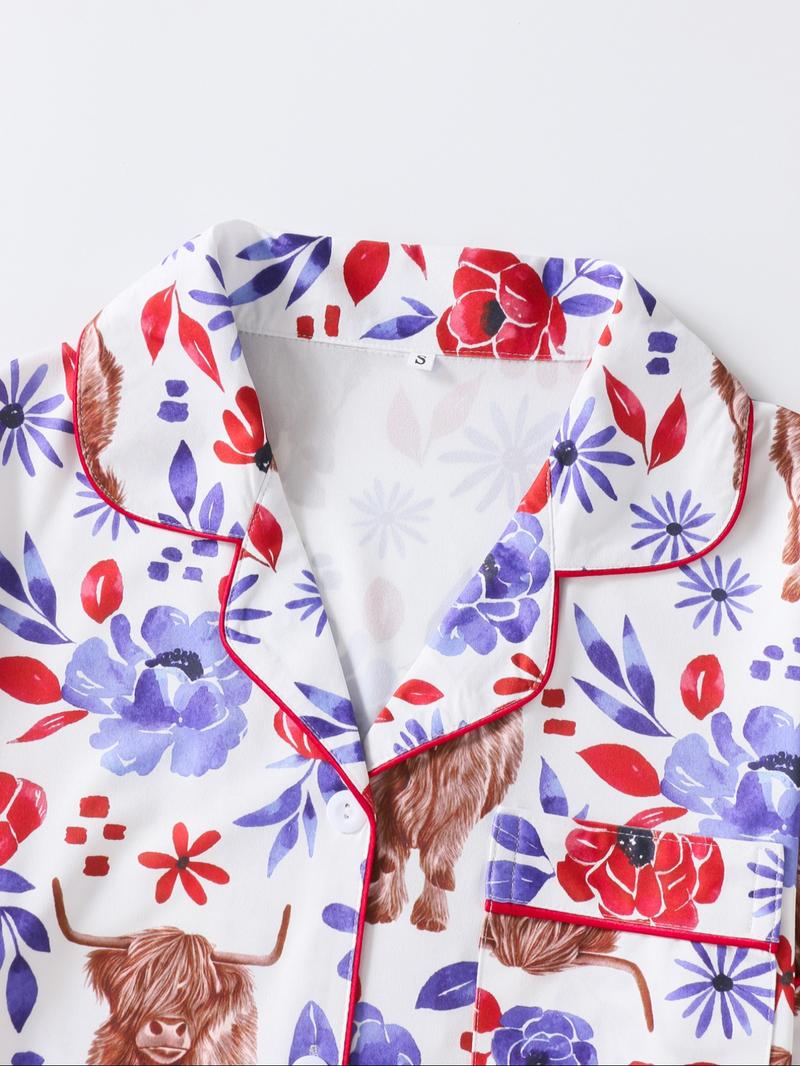 Women's Floral & Cow Print Top & Shorts Pajama Two-piece Set, Casual Comfy Short Sleeve Top & Shorts Pajama Set, Ladies Sleepwear for Summer, Womenswear Women's Floral & Cow Print Top & Shorts Pajama Two-piece Set, Casual Comfy Short Sleeve Top & Shorts Pajama Set, Ladies Sleepwear for Summer, Womenswear