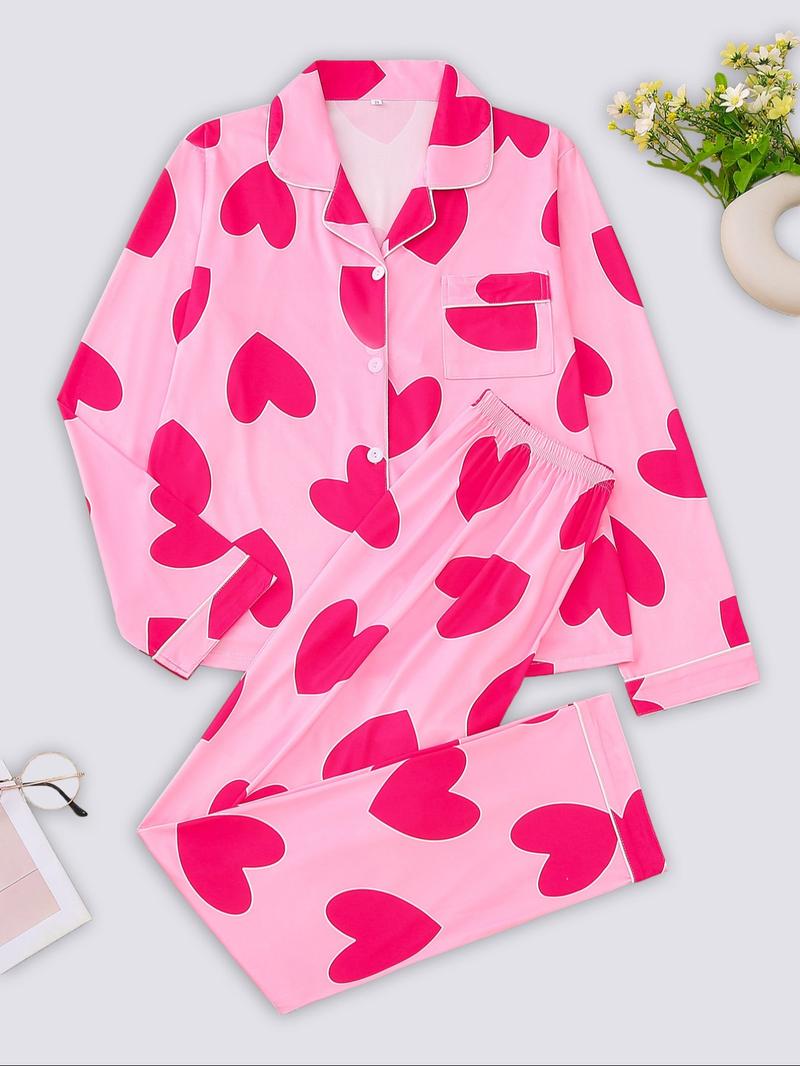 Two-piece Set Women's Bow Print Button Front Pocket Shirt & Elastic Waist Pants Pajama, Casual Comfy Long Sleeve Lapel Neck Top & Trousers Pj Set, Ladies Sleepwear for Spring & Fall Two-piece Set Women's Bow Print Button Front Pocket Shirt & Elastic Waist Pants Pajama, Casual Comfy Long Sleeve Lapel Neck Top & Trousers Pj Set, Ladies Sleepwear for Spring & Fall