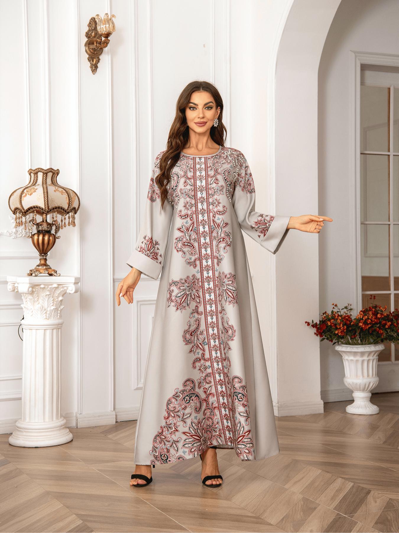 Elegant Boho Muslim Women's Long Robe, All over Print, Loose-Fitting, Round Neck, Flap Sleeves, Long Sleeve, All Seasons Elegant Boho Muslim Women's Long Robe, All over Print, Loose-Fitting, Round Neck, Flap Sleeves, Long Sleeve, All Seasons