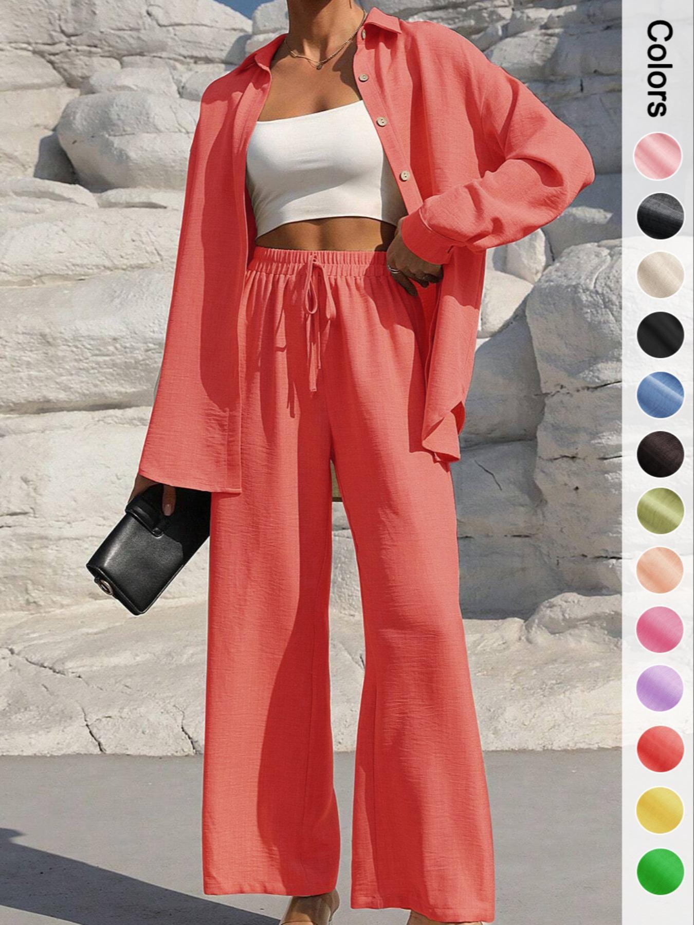 Women's Solid Button Front Shirt & Tie Front Wide Leg Pants Two-piece Set, Casual Drop Shoulder Long Sleeve Top & Trousers 2 Piece Set for Spring & Fall, Women's Clothes for Daily Wear, Casual Outfits Women Women's Solid Button Front Shirt & Tie Front Wide Leg Pants Two-piece Set, Casual Drop Shoulder Long Sleeve Top & Trousers 2 Piece Set for Spring & Fall, Women's Clothes for Daily Wear, Casual Outfits Women