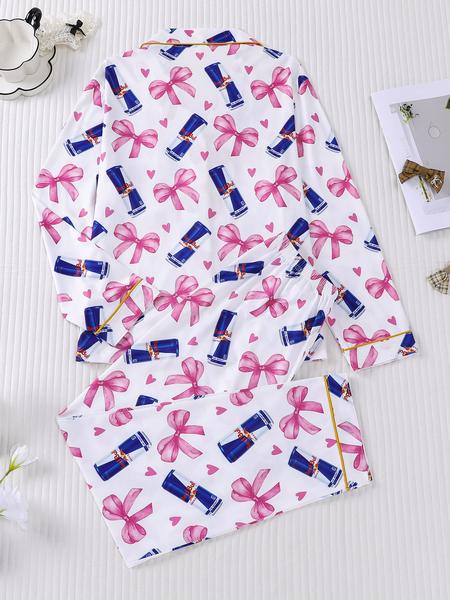 women's 2-piece set with bow and heart design, long sleeve top, long pants with small pockets, comfortable, Soft-Touch Fabric, elastic waistband, suitable for all seasons, casual loungewear, pajamas women's 2-piece set with bow and heart design, long sleeve top, long pants with small pockets, comfortable, Soft-Touch Fabric, elastic waistband, suitable for all seasons, casual loungewear, pajamas