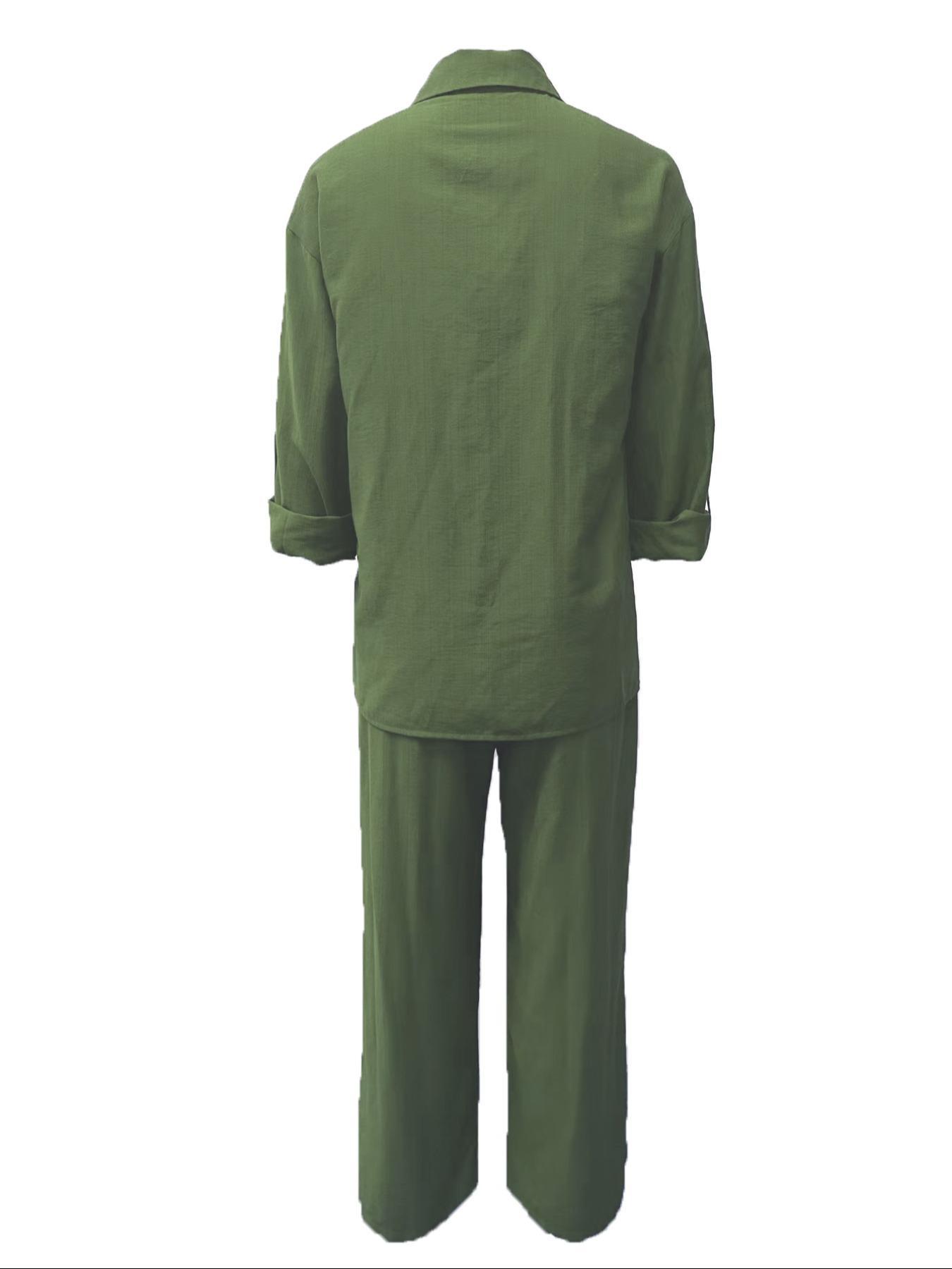 Women's Solid Color Shirt & Wide Leg Pants Set, Casual Fashion Cozy Breathable Two-piece Outfits for Daily Outdoor Wear, Women Clothes for Spring Fall Women's Solid Color Shirt & Wide Leg Pants Set, Casual Fashion Cozy Breathable Two-piece Outfits for Daily Outdoor Wear, Women Clothes for Spring Fall