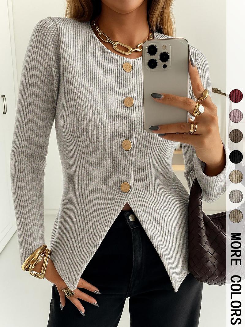 Women's Casual Elegant Ribbed Knit Button Long Sleeve Top, Fitted Plain Design, All Season Wear, Moderate Fabric Thickness Women's Casual Elegant Ribbed Knit Button Long Sleeve Top, Fitted Plain Design, All Season Wear, Moderate Fabric Thickness