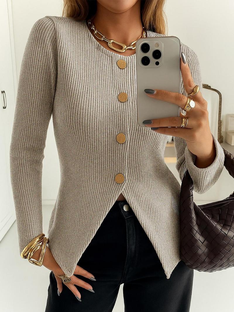 Women's Casual Elegant Ribbed Knit Button Long Sleeve Top, Fitted Plain Design, All Season Wear, Moderate Fabric Thickness Women's Casual Elegant Ribbed Knit Button Long Sleeve Top, Fitted Plain Design, All Season Wear, Moderate Fabric Thickness