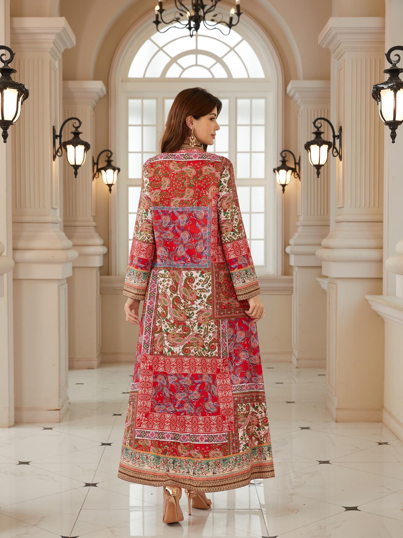 Bohemian Print Beaded Kaftan Dress, Long Evening Abaya Style Jalabiya, New Middle Eastern Women Fashion, Elegant Party Wear, Ethnic Print Kaftan Bohemian Print Beaded Kaftan Dress, Long Evening Abaya Style Jalabiya, New Middle Eastern Women Fashion, Elegant Party Wear, Ethnic Print Kaftan