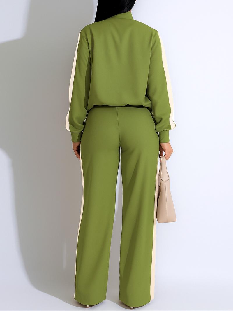 Two-piece Set Women's Patchwork Top & Wide Leg Pants Set, Casual Long Sleeve Outerwear & Pants for Daily Wear, Ladies Summer Clothes Two-piece Set Women's Patchwork Top & Wide Leg Pants Set, Casual Long Sleeve Outerwear & Pants for Daily Wear, Ladies Summer Clothes