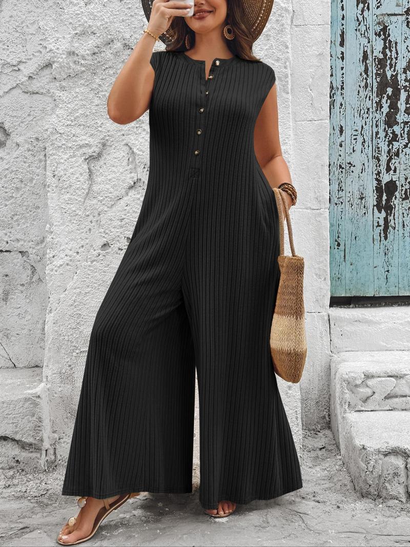 Plus Size Solid Button Front Jumpsuit, Casual Comfy Sleeveless Jumpsuit for Daily Wear, Women's Plus Clothing for All Seasons, Clothes Plus Size Solid Button Front Jumpsuit, Casual Comfy Sleeveless Jumpsuit for Daily Wear, Women's Plus Clothing for All Seasons, Clothes