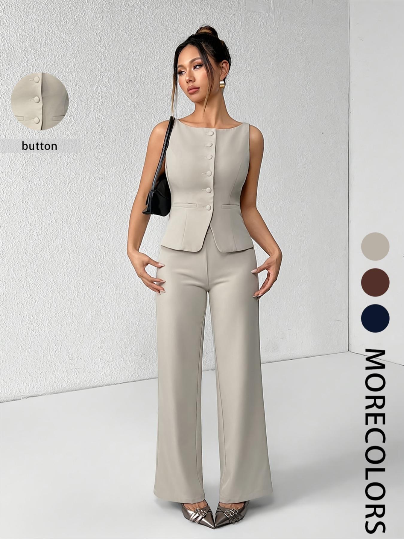 Women's Solid Button Front Sleeveless Tank Top & Wide Leg Pants Set, Casual Elegant Chic Minimalist Fashion Two-piece Set for Summer, Women's Clothing for Daily Wear, Suits, Office Siren Outfits, Casual Matching Set, Corporate Outfits Women Women's Solid Button Front Sleeveless Tank Top & Wide Leg Pants Set, Casual Elegant Chic Minimalist Fashion Two-piece Set for Summer, Women's Clothing for Daily Wear, Suits, Office Siren Outfits, Casual Matching Set, Corporate Outfits Women