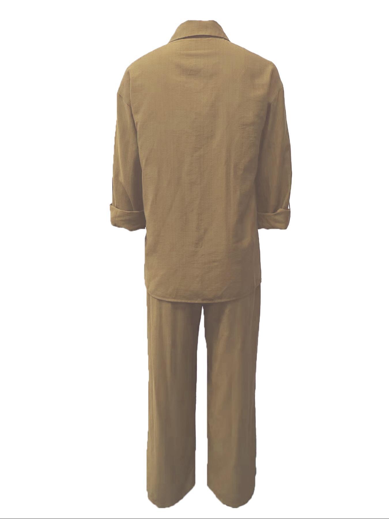 Women's Solid Color Shirt & Wide Leg Pants Set, Casual Fashion Cozy Breathable Two-piece Outfits for Daily Outdoor Wear, Women Clothes for Spring Fall Women's Solid Color Shirt & Wide Leg Pants Set, Casual Fashion Cozy Breathable Two-piece Outfits for Daily Outdoor Wear, Women Clothes for Spring Fall
