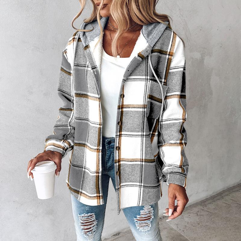 Women's Plaid Shacket Fleece Lined Hooded Jacket Long Sleeve Button Down Warm Coat for Fall and Winter