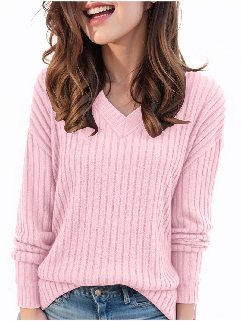 Women's Plain Drop Shoulder V Neck Tee, Casual Long Sleeve Top for Spring & Fall, Fashion Women's Clothes for Daily Wear Women's Plain Drop Shoulder V Neck Tee, Casual Long Sleeve Top for Spring & Fall, Fashion Women's Clothes for Daily Wear