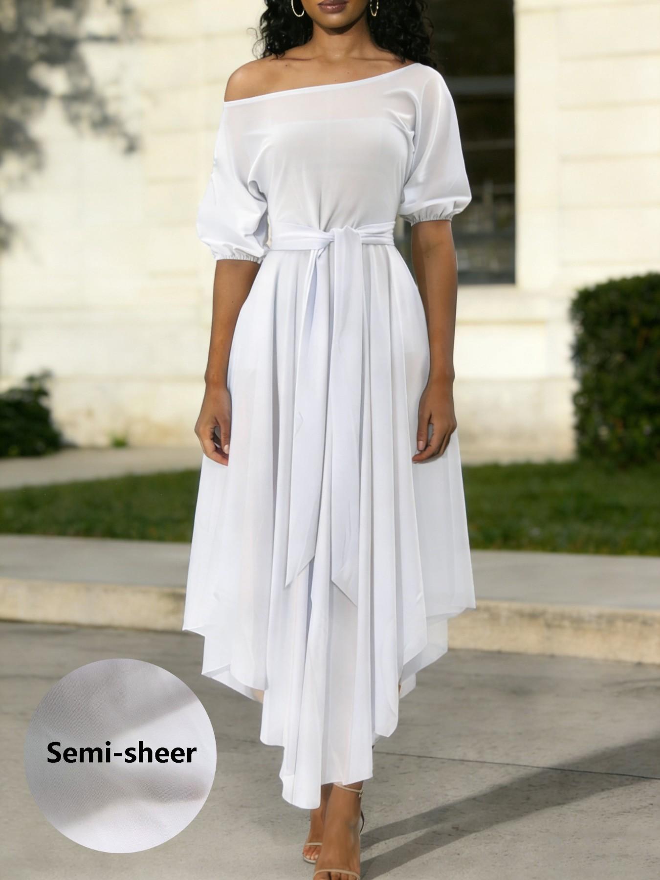Women's Plain Belted Split Boat Neck Dress, Elegant Bishop Sleeve A Line Dress for Summer, Summer Outfits 2024, Fashion Women's Dress for Casual Daily Wear, Womenswear Women's Plain Belted Split Boat Neck Dress, Elegant Bishop Sleeve A Line Dress for Summer, Summer Outfits 2024, Fashion Women's Dress for Casual Daily Wear, Womenswear