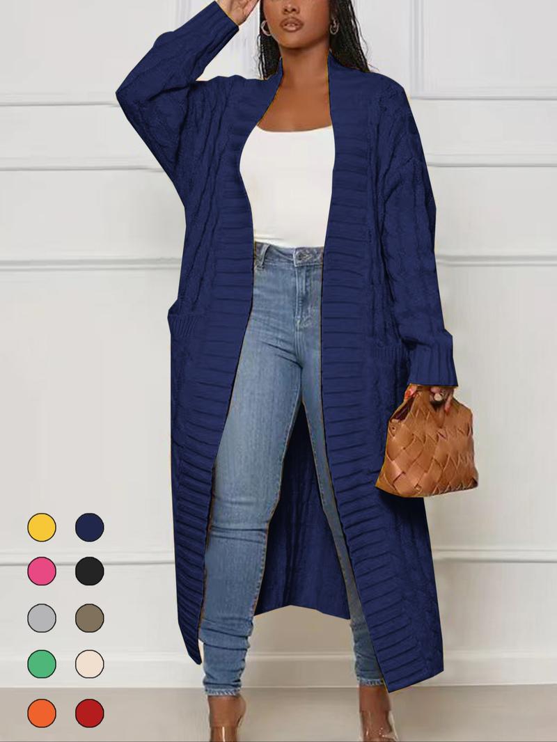 Women's Solid Color Textured Drop Shoulder Pocket Longline Cardigan, Casual Open Front Knitwear for Fall & Winter, Women's Knit Clothing for Daily Wear, Sweaters for Women, Trending Clothing Women, Going Out Tops, Womenswear, Yellow