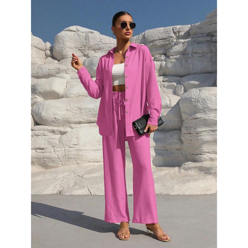 Women's Solid Button Front Shirt & Tie Front Wide Leg Pants Two-piece Set, Casual Drop Shoulder Long Sleeve Blouse Top & Trousers 2 Piece Set for Spring & Fall, Women's Clothes for Daily Wear Womenswear Suits Apricot Basic Minimalist Women's Solid Button Front Shirt & Tie Front Wide Leg Pants Two-piece Set, Casual Drop Shoulder Long Sleeve Blouse Top & Trousers 2 Piece Set for Spring & Fall, Women's Clothes for Daily Wear Womenswear Suits Apricot Basic Minimalist