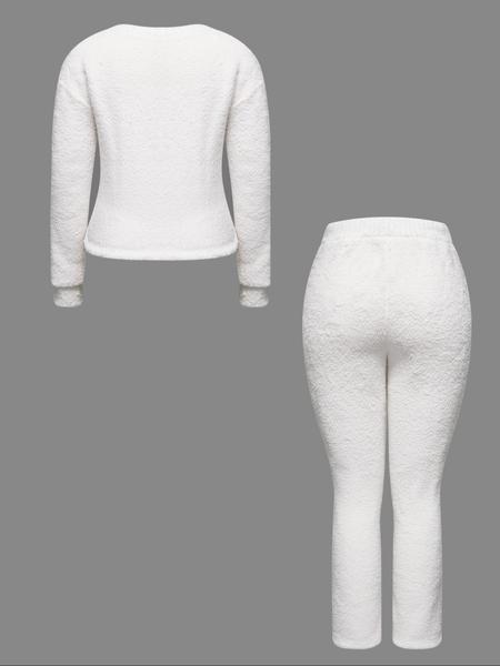 Women's Two-Piece Casual Set, Solid Color Long Sleeve Top & Elastic Wide-Leg Pants Pjs, Comfortable Minimalist Round Neck Sleepwear Women's Two-Piece Casual Set, Solid Color Long Sleeve Top & Elastic Wide-Leg Pants Pjs, Comfortable Minimalist Round Neck Sleepwear