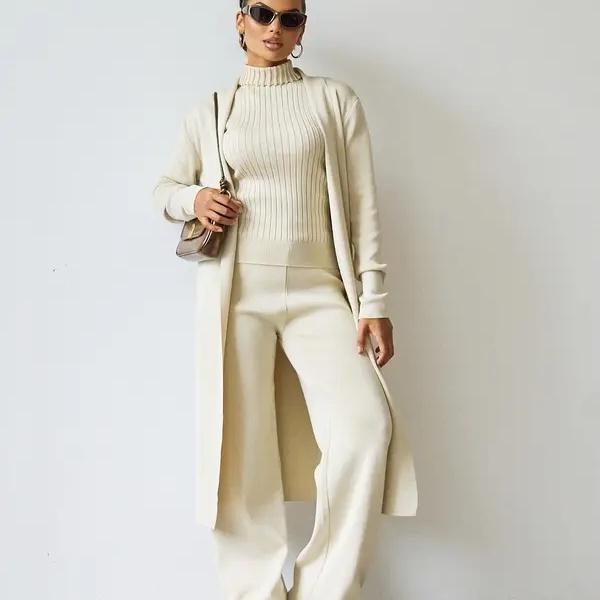 Trendy Knit Turtle Neck Tank & Wide Leg Trousers with Open-front Long Cardigan Three-piece Clothes Sets, Casual Womenswear Trendy Knit Turtle Neck Tank & Wide Leg Trousers with Open-front Long Cardigan Three-piece Clothes Sets, Casual Womenswear