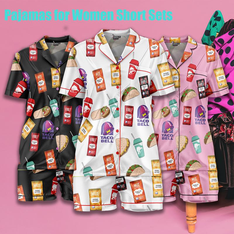 Taco Bell Satin Silk Pajama Set – Soft, Seductive, Short Sleeve Nightwear , Ideal Gift For Mom, Gift For Her Taco Bell Satin Silk Pajama Set – Soft, Seductive, Short Sleeve Nightwear , Ideal Gift For Mom, Gift For Her