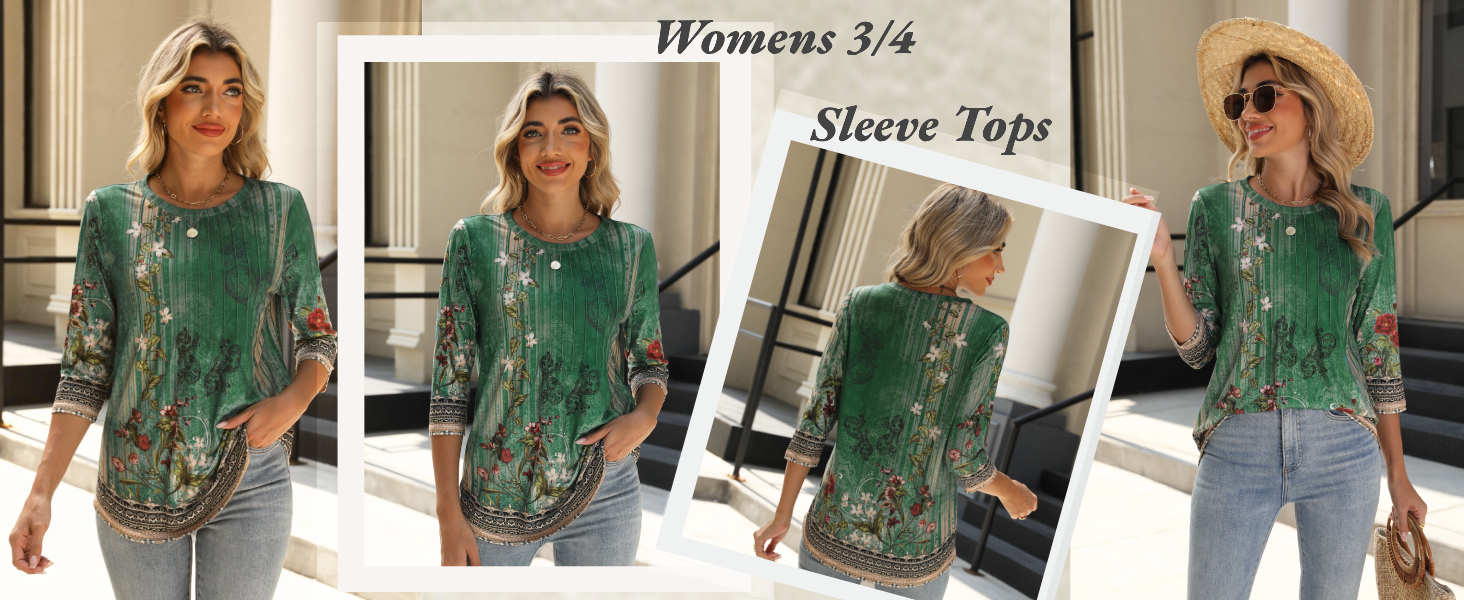 3/4 Sleeve Womens Tops Crew Neck Loose Fit Shirts Pleated Cute Clothes Dressy Casual Summer Tunics