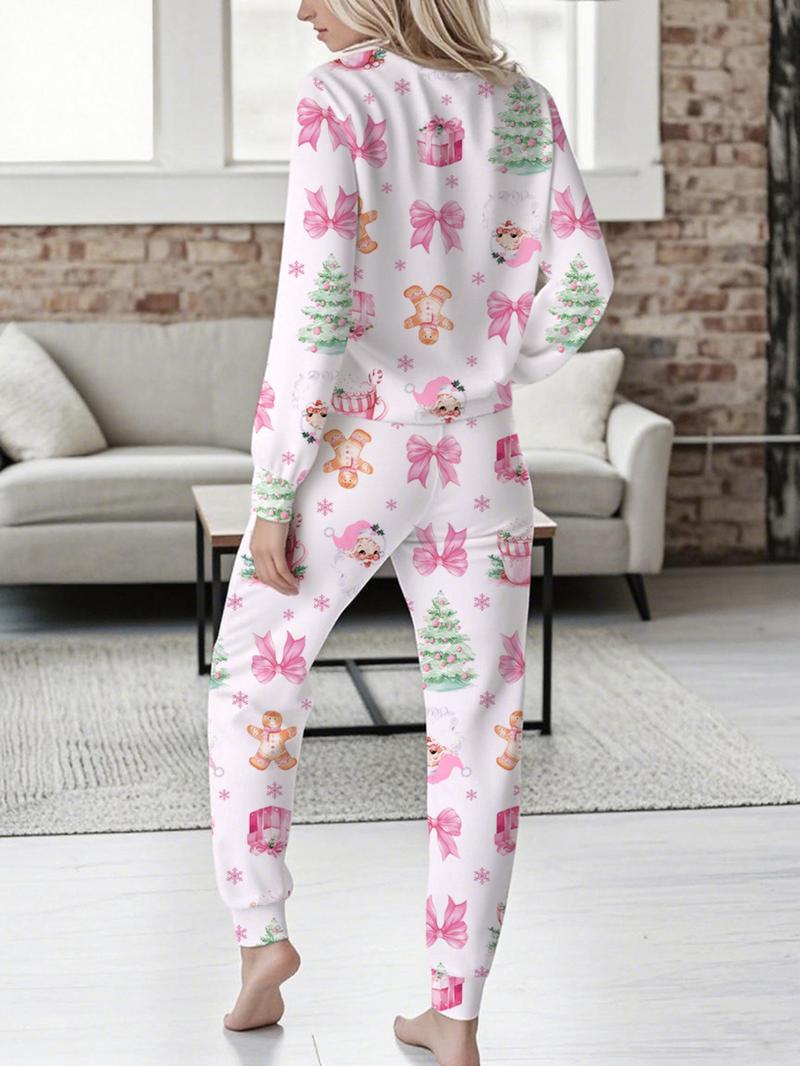 Women's Christmas Print Casual Set, Long Sleeve V Neck Top & Belted Pants, Ladies Homewear & Pajamas, Spring & Fall Fashion Women's Christmas Print Casual Set, Long Sleeve V Neck Top & Belted Pants, Ladies Homewear & Pajamas, Spring & Fall Fashion