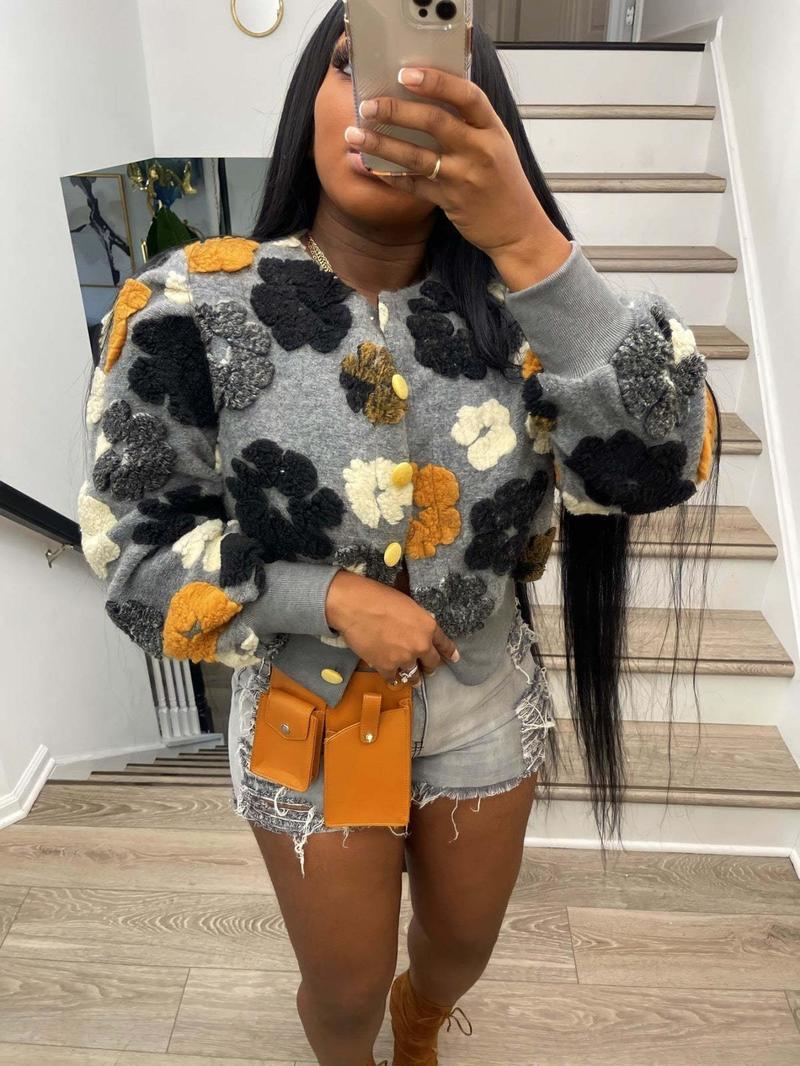 【Plus Size】 Floral Print Button Front Crop Jacket, Casual Long Sleeve Open Front Outerwear for Fall & Winter, Coat, Women's Clothes for Daily Wear, Clothing, Womenswear 【Plus Size】 Floral Print Button Front Crop Jacket, Casual Long Sleeve Open Front Outerwear for Fall & Winter, Coat, Women's Clothes for Daily Wear, Clothing, Womenswear