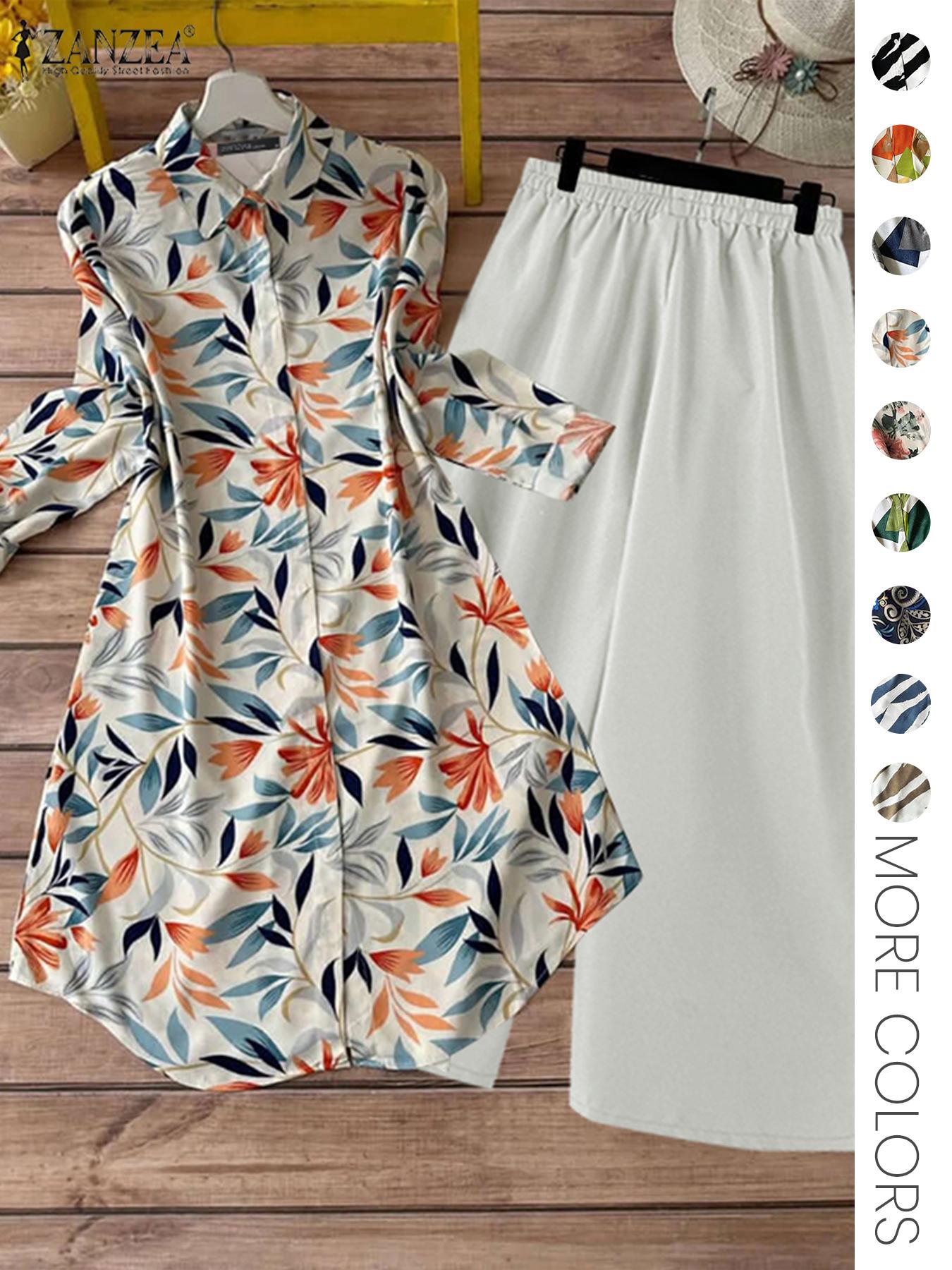 Two-piece Women's All-Over Print Button Shirt & Wide Leg Pants Set, Casual Long Sleeve Collared Top & Trousers for Daily Wear, Ladies Clothes for All Seasons Two-piece Women's All-Over Print Button Shirt & Wide Leg Pants Set, Casual Long Sleeve Collared Top & Trousers for Daily Wear, Ladies Clothes for All Seasons