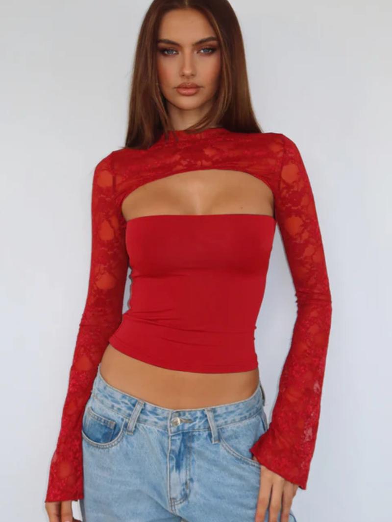 Elegant Lace Hollow Out Flare Sleeve Top, Vintage Style, Slim Fit, Show off Elegance, Perfect for Any Occasion Elegant Lace Hollow Out Flare Sleeve Top, Vintage Style, Slim Fit, Show off Elegance, Perfect for Any Occasion
