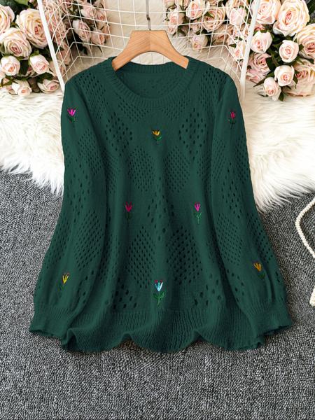 Plus Size Round Neck Floral Embroidery Hollow Out Casual Sweater, Stylish Women's Pullover for Spring & Fall Fashion
