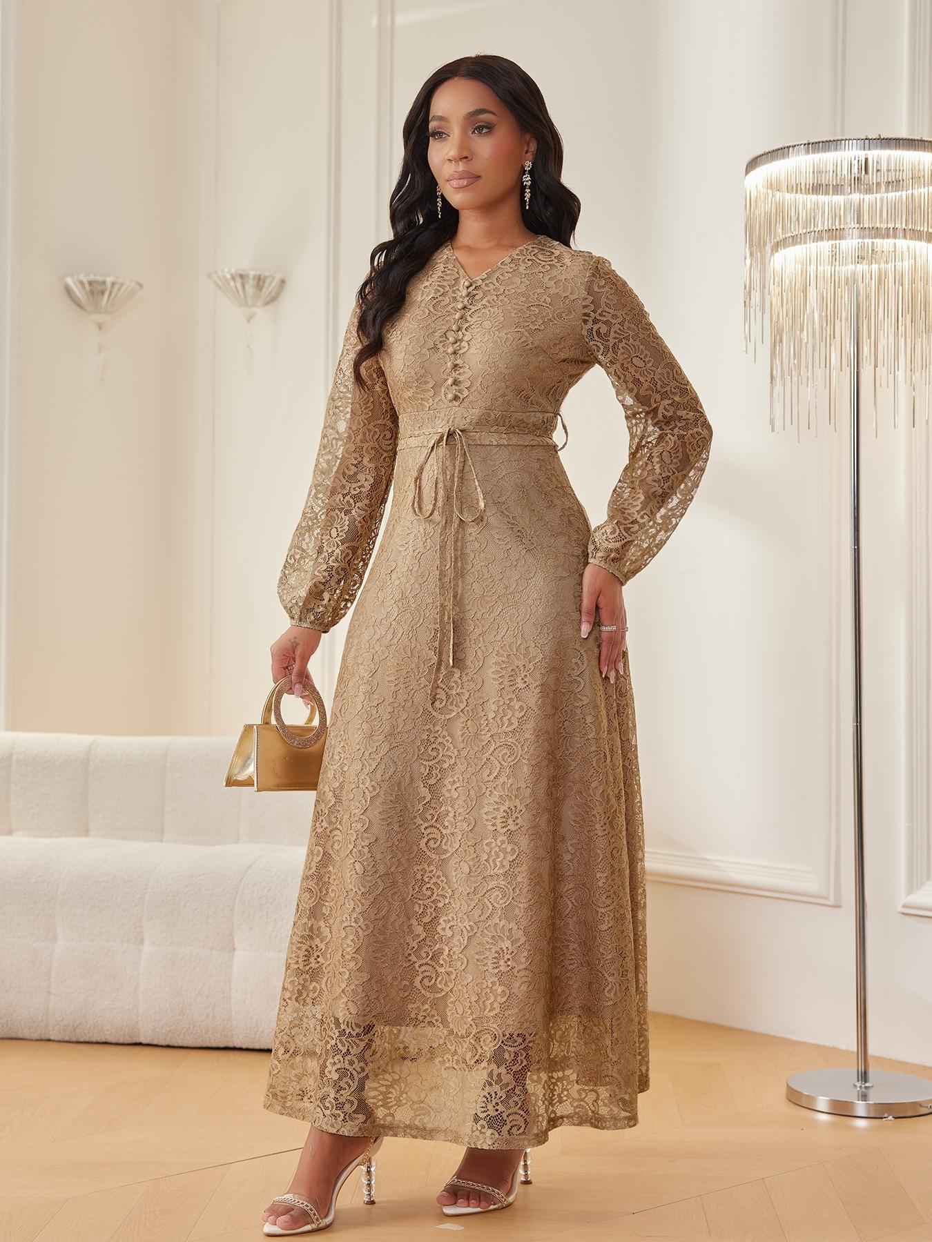 Women's Lace V-Neck Long Sleeve Dress, Elegant Chic Belted Waist, Slim Fit, Plain Color, Wedding Evening Formal Occasion, Spring & Fall Women's Lace V-Neck Long Sleeve Dress, Elegant Chic Belted Waist, Slim Fit, Plain Color, Wedding Evening Formal Occasion, Spring & Fall