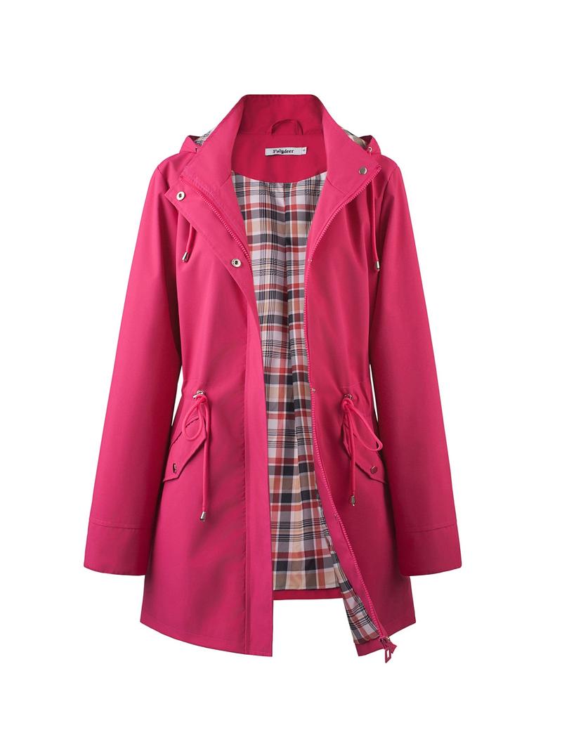 Women's Solid Color Drawstring Zip-Up Hooded Trench Coat Long Sleeve Waterproof Windproof Soft Comfortable Casual Outerwear Suitable For Spring Fall Daily Wear Outings Women's Solid Color Drawstring Zip-Up Hooded Trench Coat Long Sleeve Waterproof Windproof Soft Comfortable Casual Outerwear Suitable For Spring Fall Daily Wear Outings