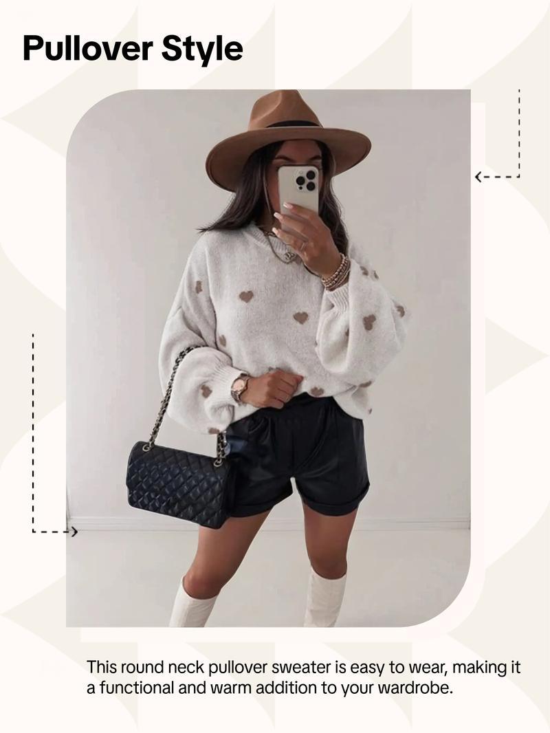 Women's All Over Heart Print Drop Shoulder Sweater, Casual Long Sleeve Round Neck Jumper for Fall & Winter, Fashion Ladies' Knitwear for Daily Wear