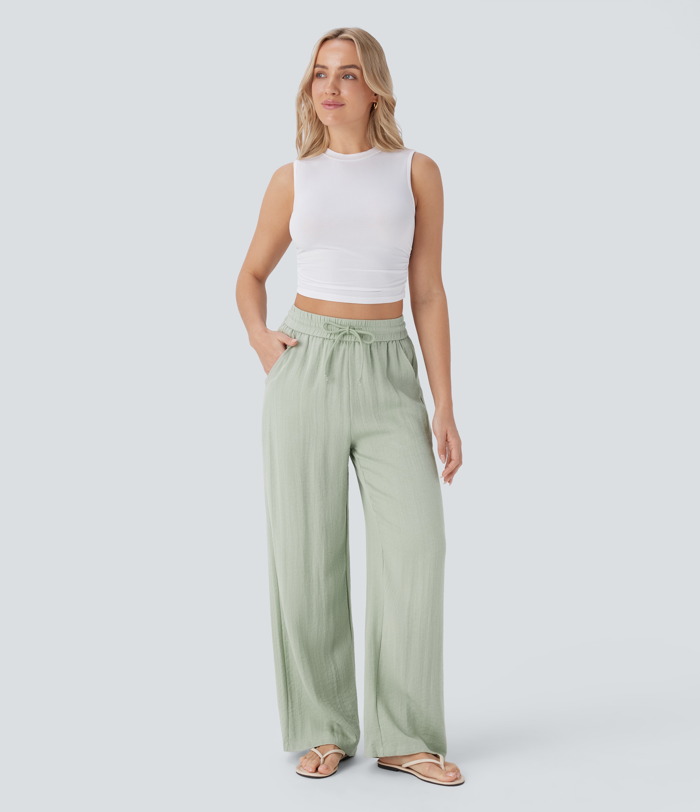 2026🔥 Halara High Waisted Drawstring Pocket Wide Leg Casual Linen-Feel Pants