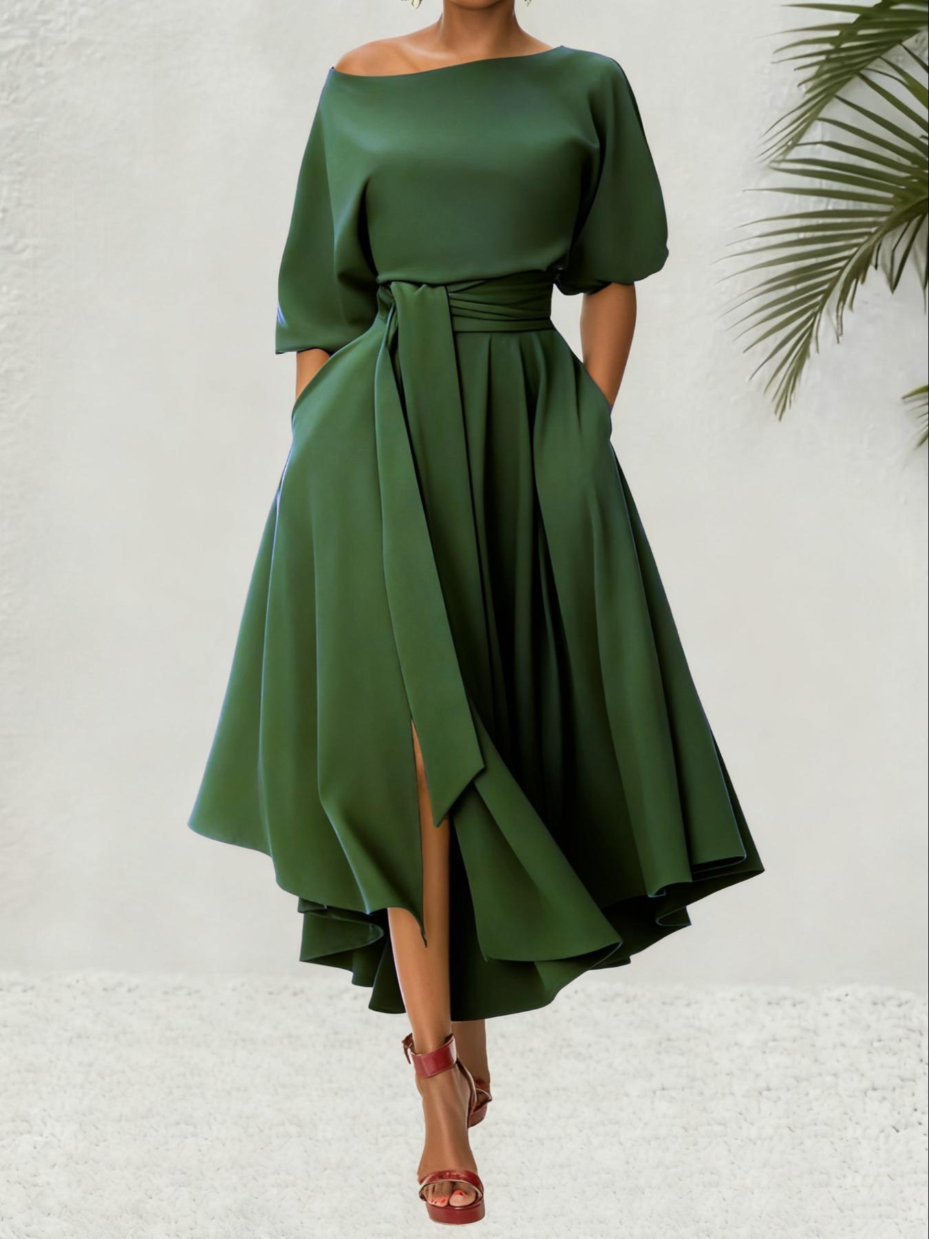 Women's Plain Belted Split Boat Neck Dress, Elegant Bishop Sleeve A Line Dress for Summer, Summer Outfits 2024, Fashion Women's Dress for Casual Daily Wear, Womenswear Women's Plain Belted Split Boat Neck Dress, Elegant Bishop Sleeve A Line Dress for Summer, Summer Outfits 2024, Fashion Women's Dress for Casual Daily Wear, Womenswear