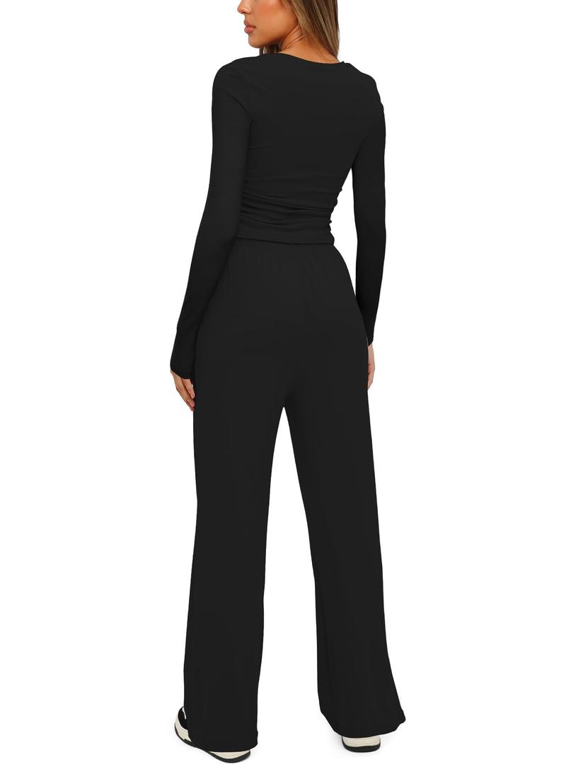 Women's Solid Ruched Drawstring Loungewear Set, Casual Long Sleeve Round Neck Top & Pocket Wide Leg Trousers, Ladies Sleepwear for All Seasons