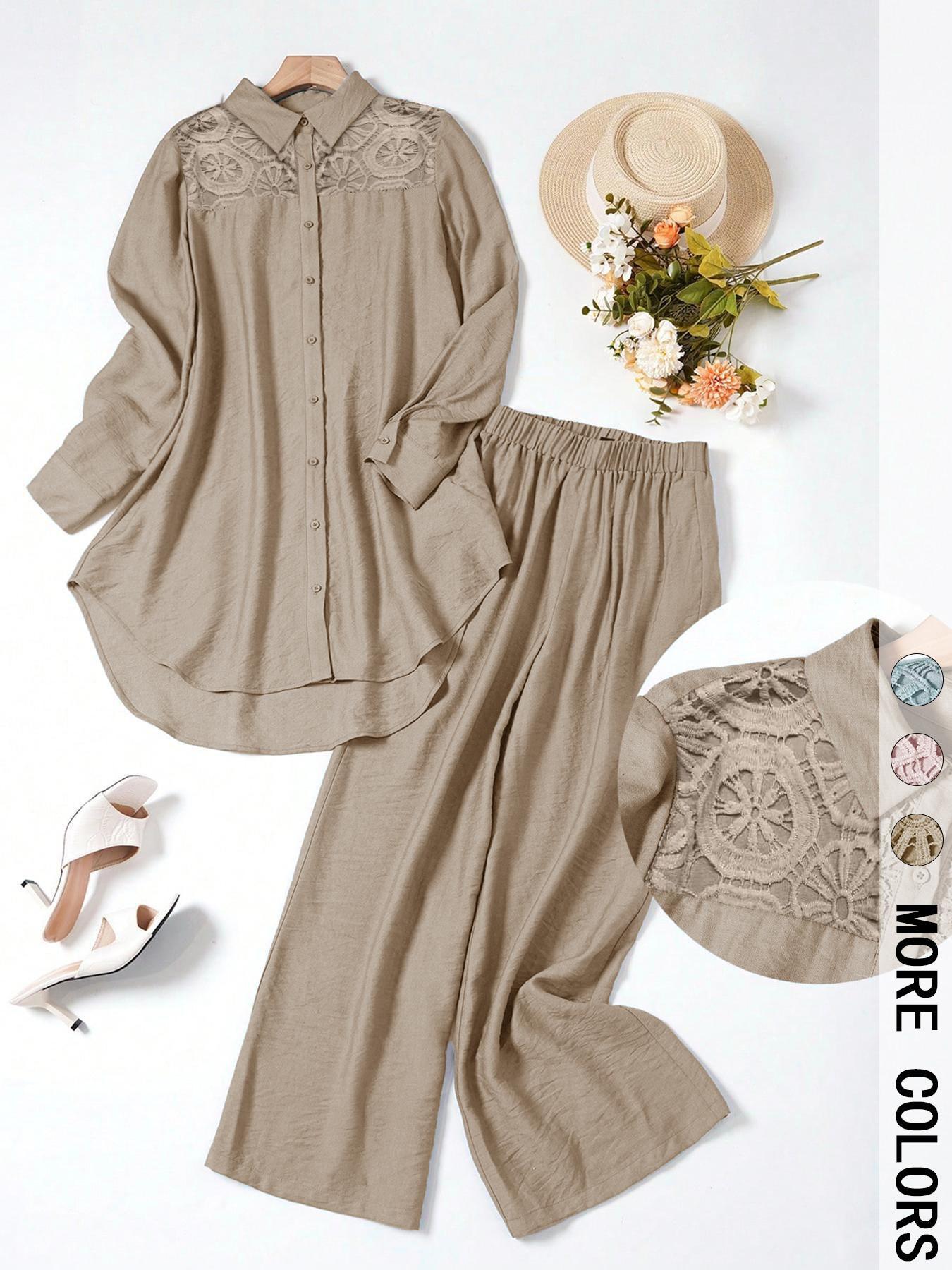 Women's Casual Two-Piece Set, Hollow-Out Top and Loose-Fit Pants, Plain Color Comfortable Breathable Woven Outfit for Daily Wear, Spring and Fall Fashion