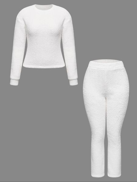 Women's Two-Piece Casual Set, Solid Color Long Sleeve Top & Elastic Wide-Leg Pants Pjs, Comfortable Minimalist Round Neck Sleepwear Women's Two-Piece Casual Set, Solid Color Long Sleeve Top & Elastic Wide-Leg Pants Pjs, Comfortable Minimalist Round Neck Sleepwear