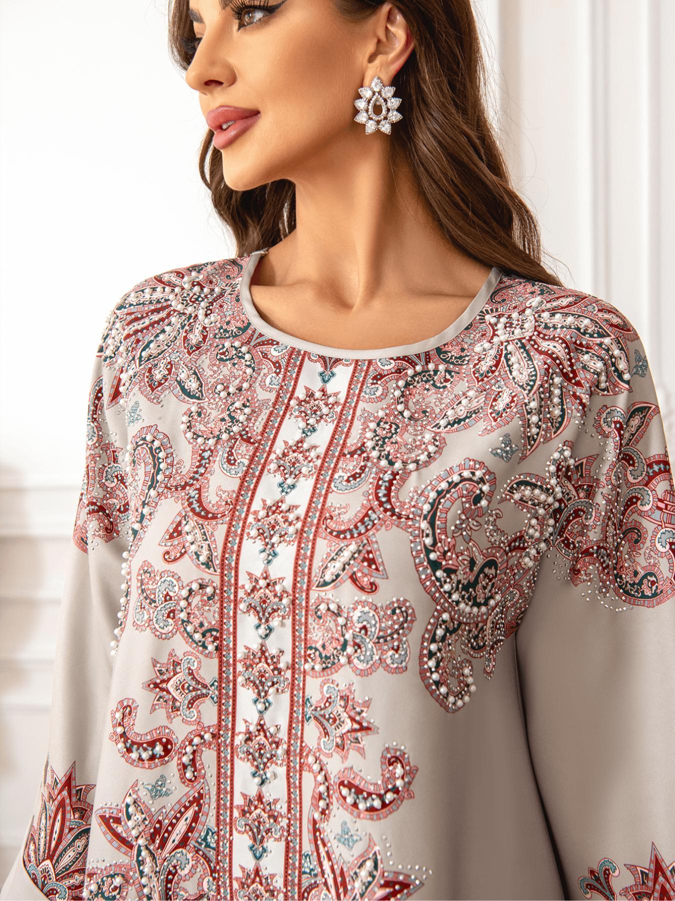 Elegant Boho Muslim Women's Long Robe, All over Print, Loose-Fitting, Round Neck, Flap Sleeves, Long Sleeve, All Seasons Elegant Boho Muslim Women's Long Robe, All over Print, Loose-Fitting, Round Neck, Flap Sleeves, Long Sleeve, All Seasons