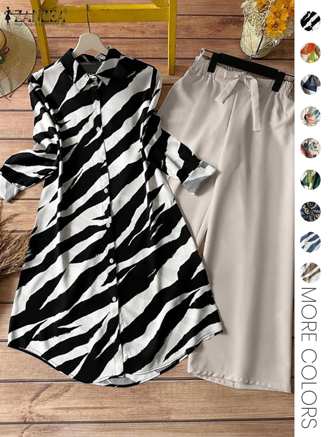 Two-piece Women's All-Over Print Button Shirt & Wide Leg Pants Set, Casual Long Sleeve Collared Top & Trousers for Daily Wear, Ladies Clothes for All Seasons Two-piece Women's All-Over Print Button Shirt & Wide Leg Pants Set, Casual Long Sleeve Collared Top & Trousers for Daily Wear, Ladies Clothes for All Seasons