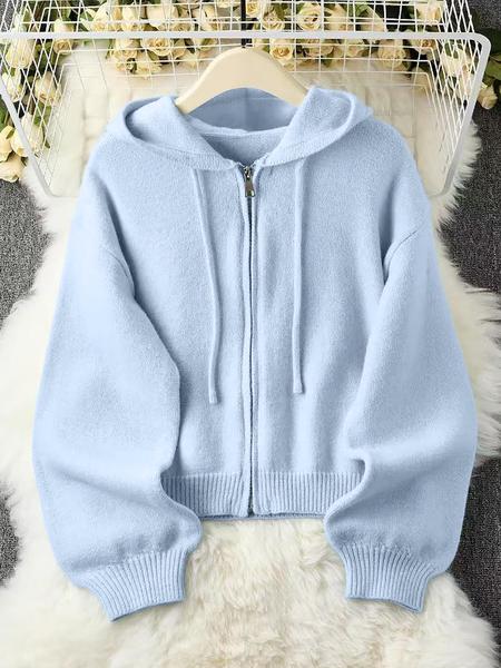 Long Sleeve Loose Knit Hoodie with Zipper Cardigan, Soft Comfortable Unique Design for Autumn & Winter Stylish Tops, Womenswear Long Sleeve Loose Knit Hoodie with Zipper Cardigan, Soft Comfortable Unique Design for Autumn & Winter Stylish Tops, Womenswear