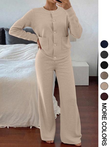 Women's Casual Comfortable Round Neck Long Sleeve Knit Sweater Set, High Waist Versatile Wide Leg Pants, Perfect for Daily Wear Women's Casual Comfortable Round Neck Long Sleeve Knit Sweater Set, High Waist Versatile Wide Leg Pants, Perfect for Daily Wear