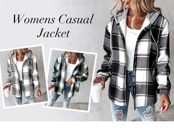 Women's Plaid Shacket Fleece Lined Hooded Jacket Long Sleeve Button Down Warm Coat for Fall and Winter